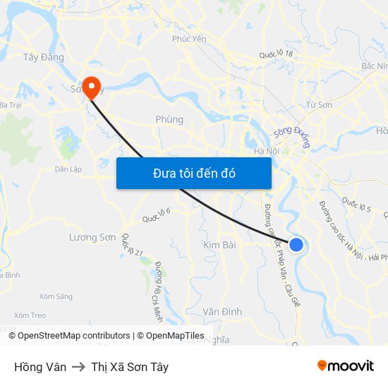 Hồng Vân to Thị Xã Sơn Tây map