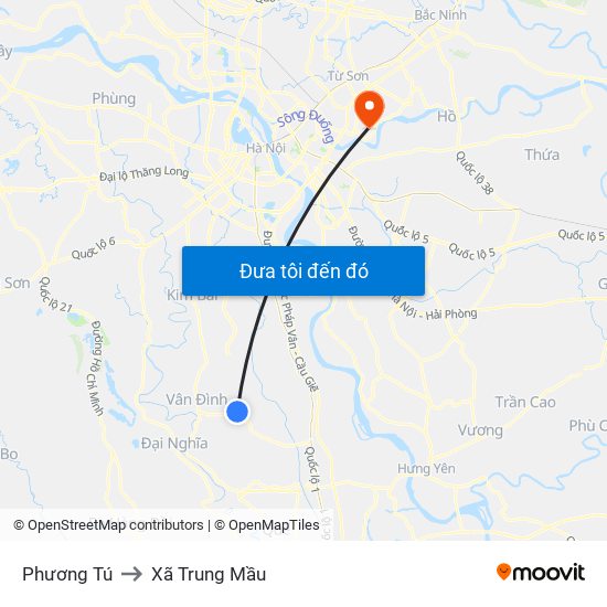 Phương Tú to Xã Trung Mầu map