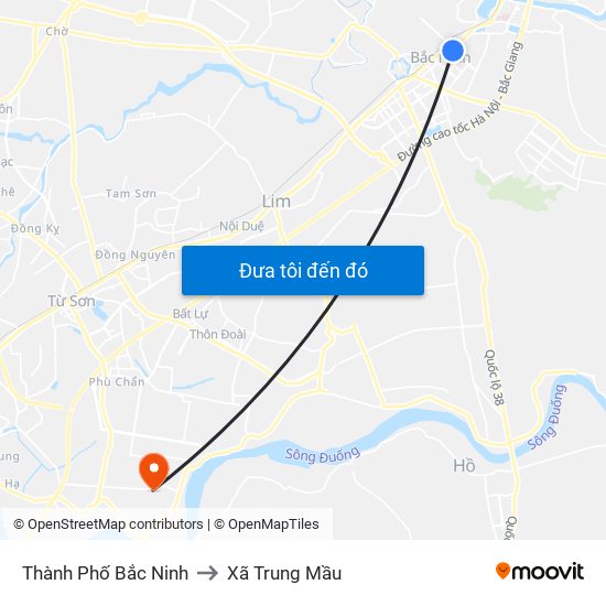 Thành Phố Bắc Ninh to Xã Trung Mầu map