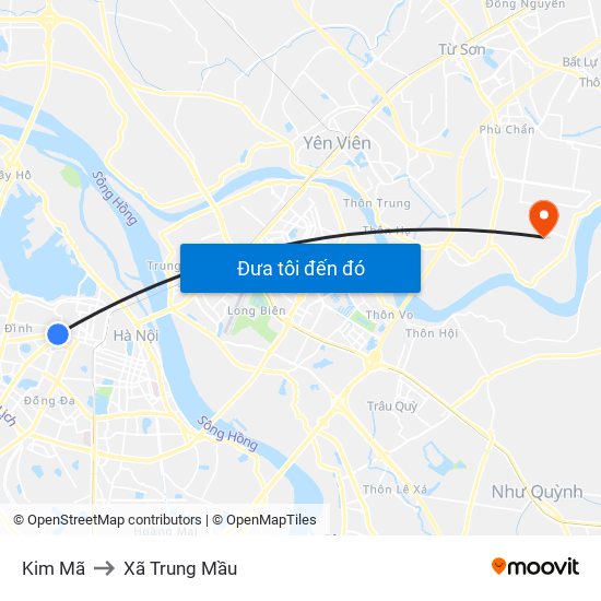 Kim Mã to Xã Trung Mầu map