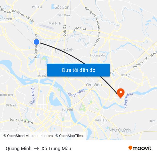 Quang Minh to Xã Trung Mầu map