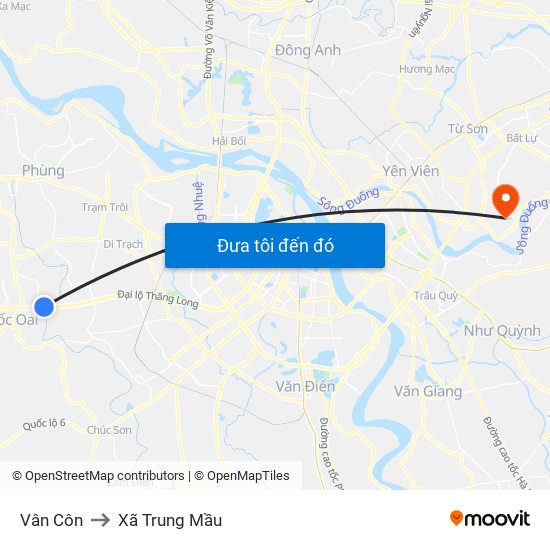Vân Côn to Xã Trung Mầu map