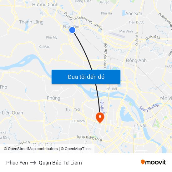 Phúc Yên to Quận Bắc Từ Liêm map