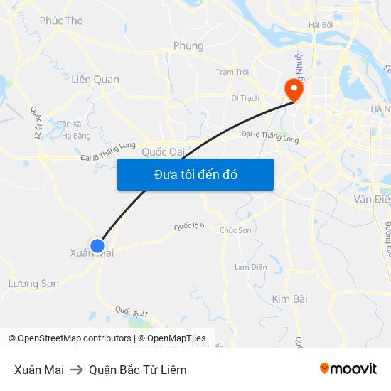 Xuân Mai to Quận Bắc Từ Liêm map