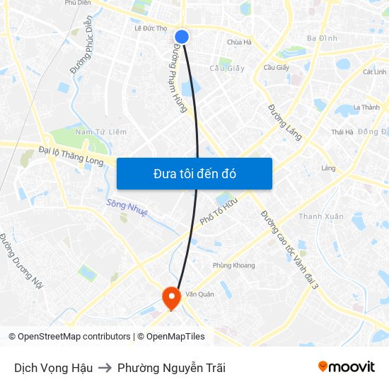 Dịch Vọng Hậu to Phường Nguyễn Trãi map