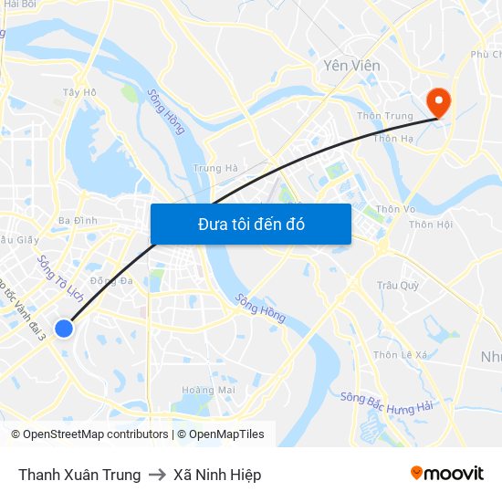 Thanh Xuân Trung to Xã Ninh Hiệp map