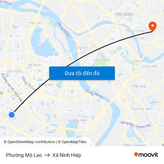 Phường Mộ Lao to Xã Ninh Hiệp map