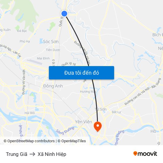 Trung Giã to Xã Ninh Hiệp map