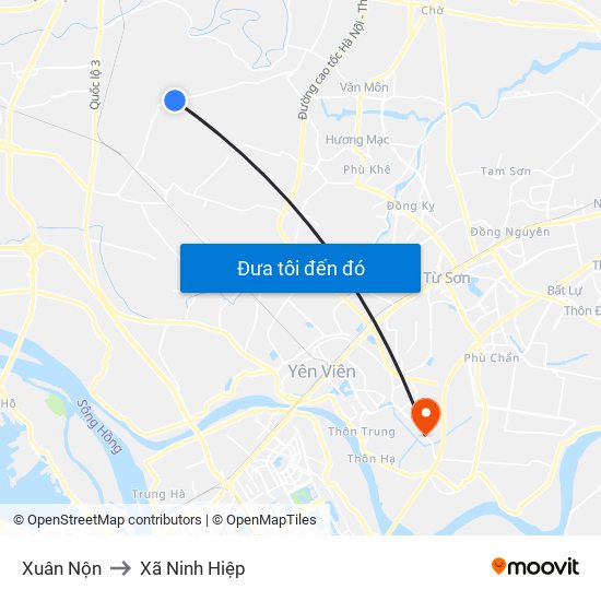 Xuân Nộn to Xã Ninh Hiệp map