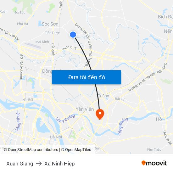 Xuân Giang to Xã Ninh Hiệp map