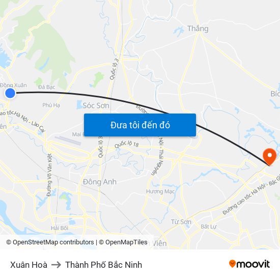 Xuân Hoà to Thành Phố Bắc Ninh map