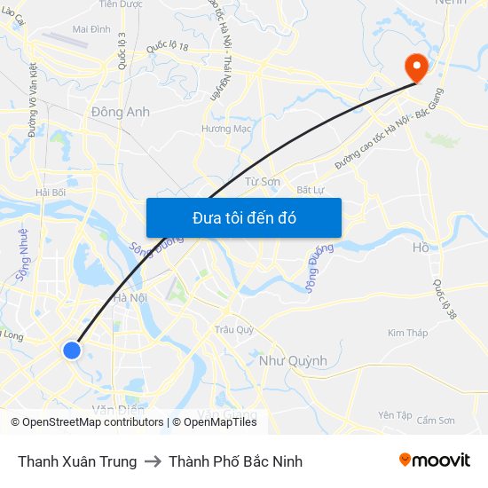 Thanh Xuân Trung to Thành Phố Bắc Ninh map