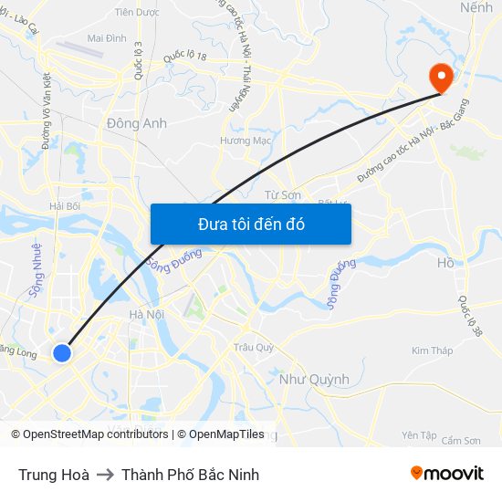 Trung Hoà to Thành Phố Bắc Ninh map