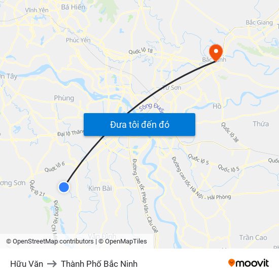 Hữu Văn to Thành Phố Bắc Ninh map