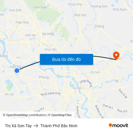 Thị Xã Sơn Tây to Thành Phố Bắc Ninh map