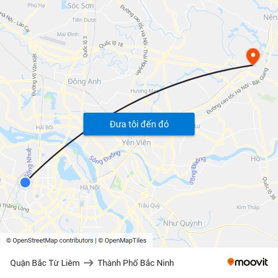 Quận Bắc Từ Liêm to Thành Phố Bắc Ninh map