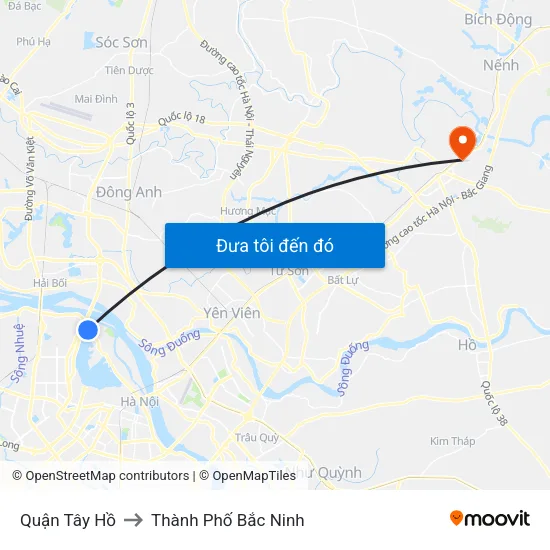 Quận Tây Hồ to Thành Phố Bắc Ninh map