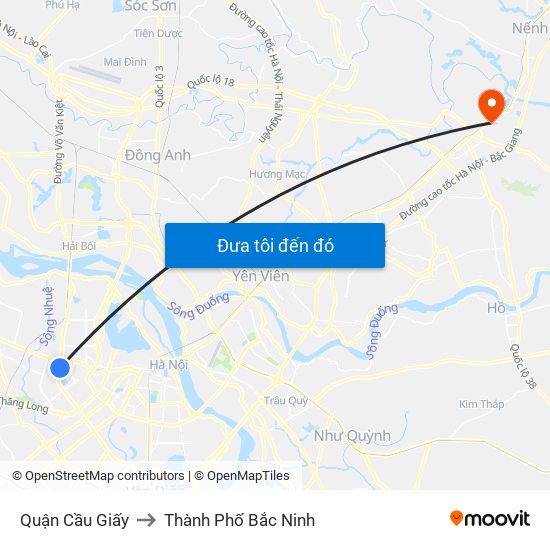 Quận Cầu Giấy to Thành Phố Bắc Ninh map