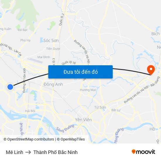 Mê Linh to Thành Phố Bắc Ninh map