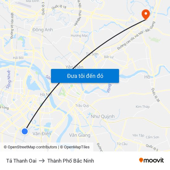 Tả Thanh Oai to Thành Phố Bắc Ninh map