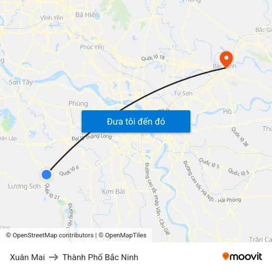 Xuân Mai to Thành Phố Bắc Ninh map
