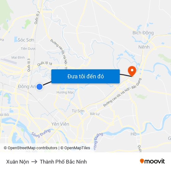 Xuân Nộn to Thành Phố Bắc Ninh map