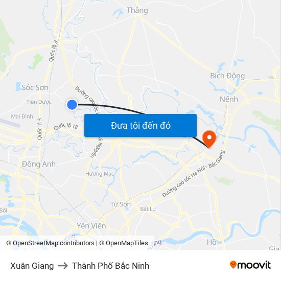 Xuân Giang to Thành Phố Bắc Ninh map