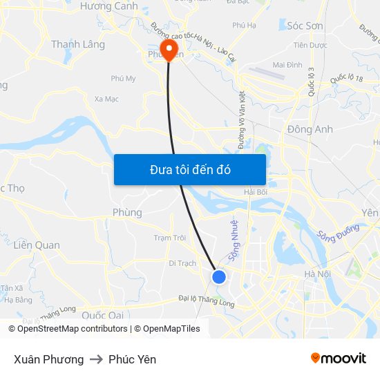 Xuân Phương to Phúc Yên map