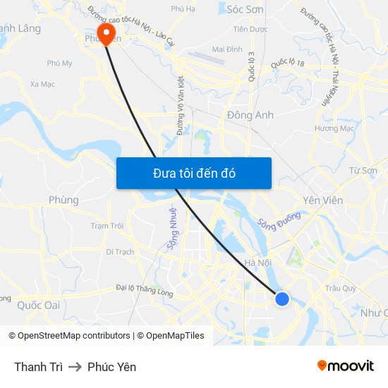 Thanh Trì to Phúc Yên map