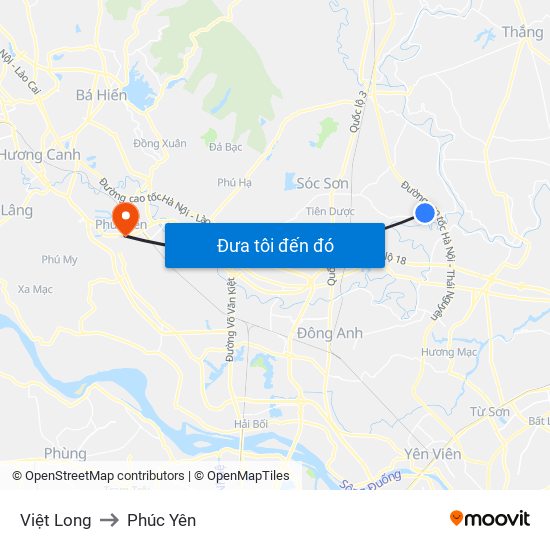 Việt Long to Phúc Yên map