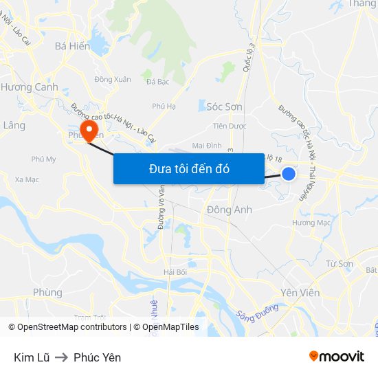 Kim Lũ to Phúc Yên map