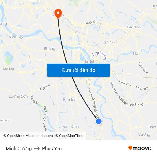 Minh Cường to Phúc Yên map