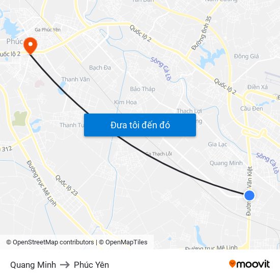 Quang Minh to Phúc Yên map