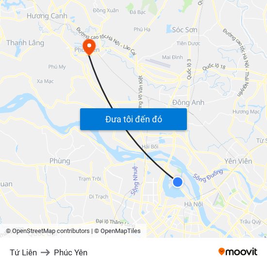 Tứ Liên to Phúc Yên map