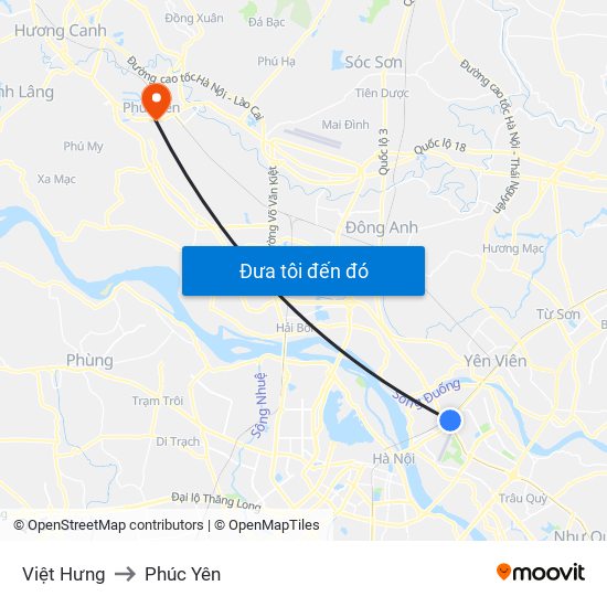Việt Hưng to Phúc Yên map