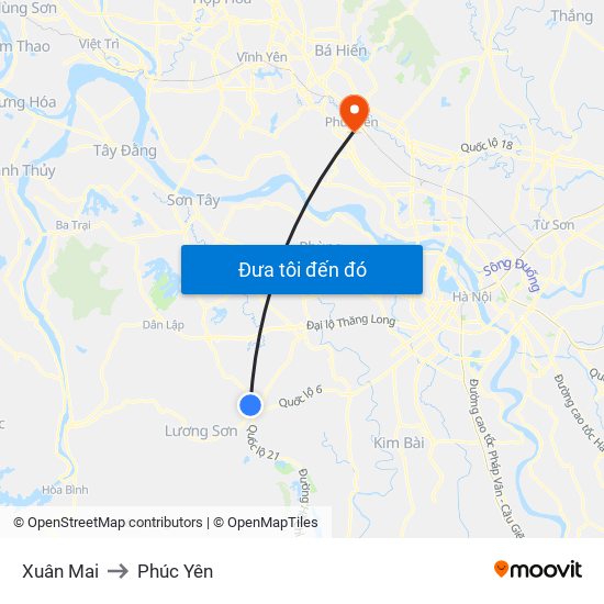 Xuân Mai to Phúc Yên map