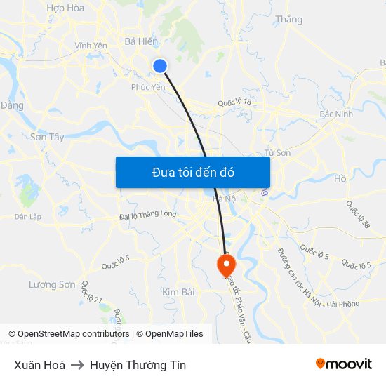 Xuân Hoà to Huyện Thường Tín map