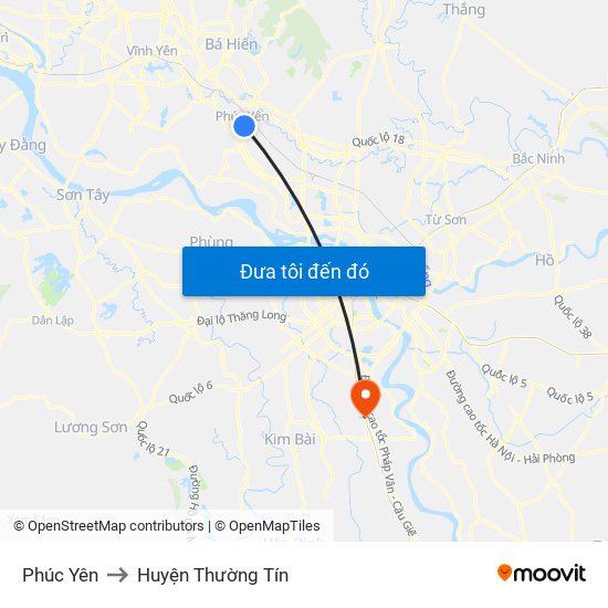 Phúc Yên to Huyện Thường Tín map