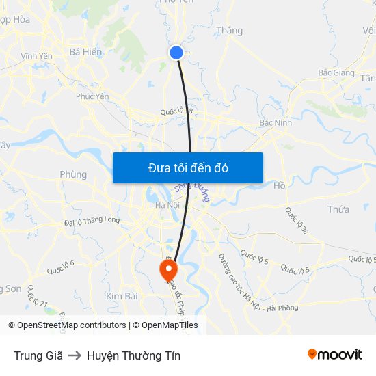 Trung Giã to Huyện Thường Tín map