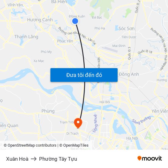 Xuân Hoà to Phường Tây Tựu map