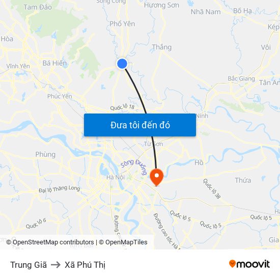 Trung Giã to Xã Phú Thị map