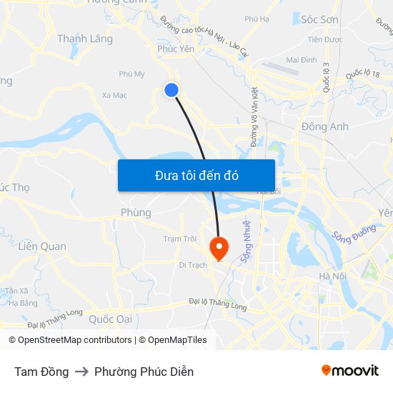 Tam Đồng to Phường Phúc Diễn map