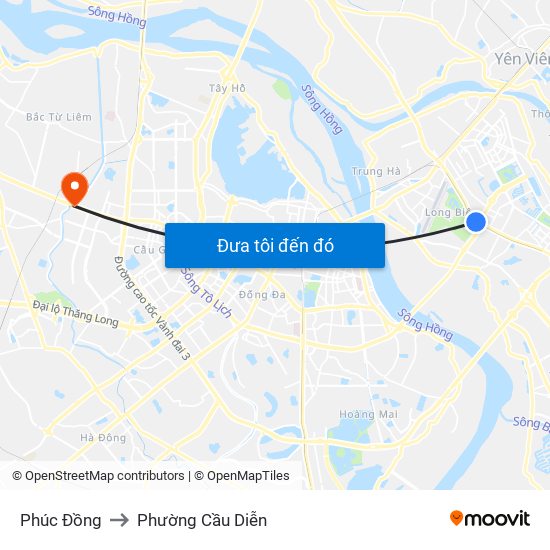 Phúc Đồng to Phường Cầu Diễn map