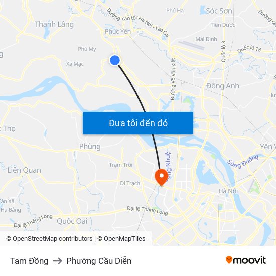 Tam Đồng to Phường Cầu Diễn map