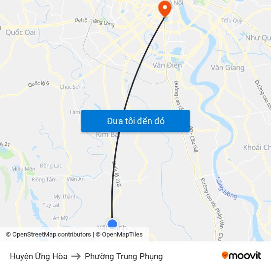 Huyện Ứng Hòa to Phường Trung Phụng map