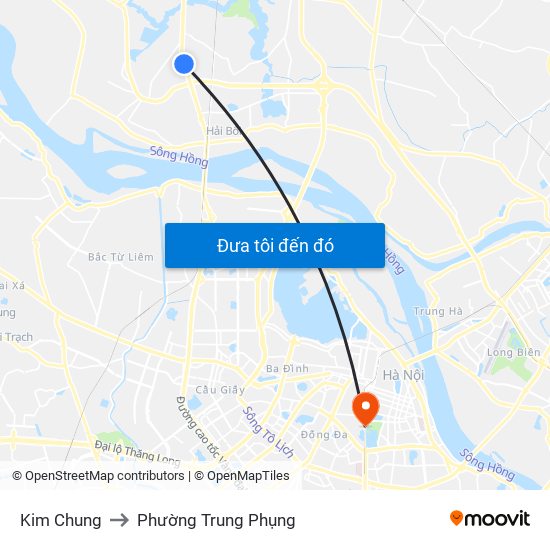 Kim Chung to Phường Trung Phụng map