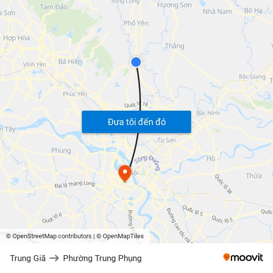 Trung Giã to Phường Trung Phụng map