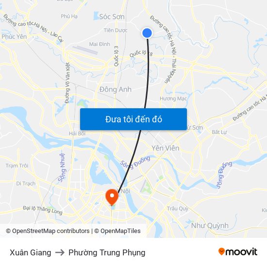 Xuân Giang to Phường Trung Phụng map