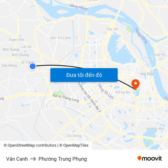 Vân Canh to Phường Trung Phụng map