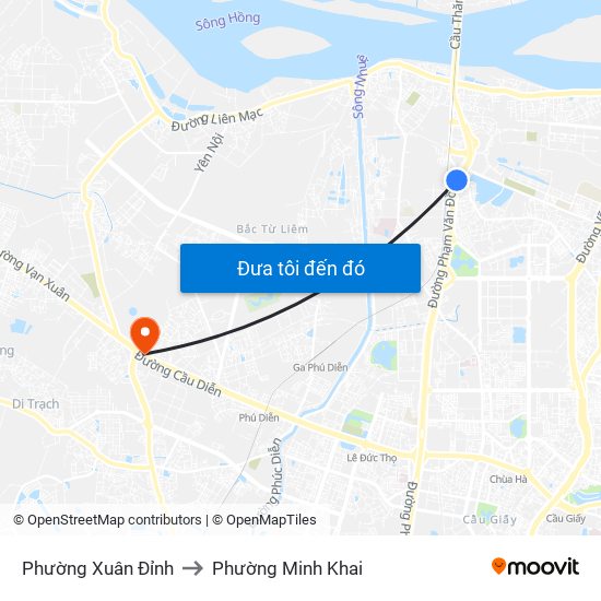 Phường Xuân Đỉnh to Phường Minh Khai map